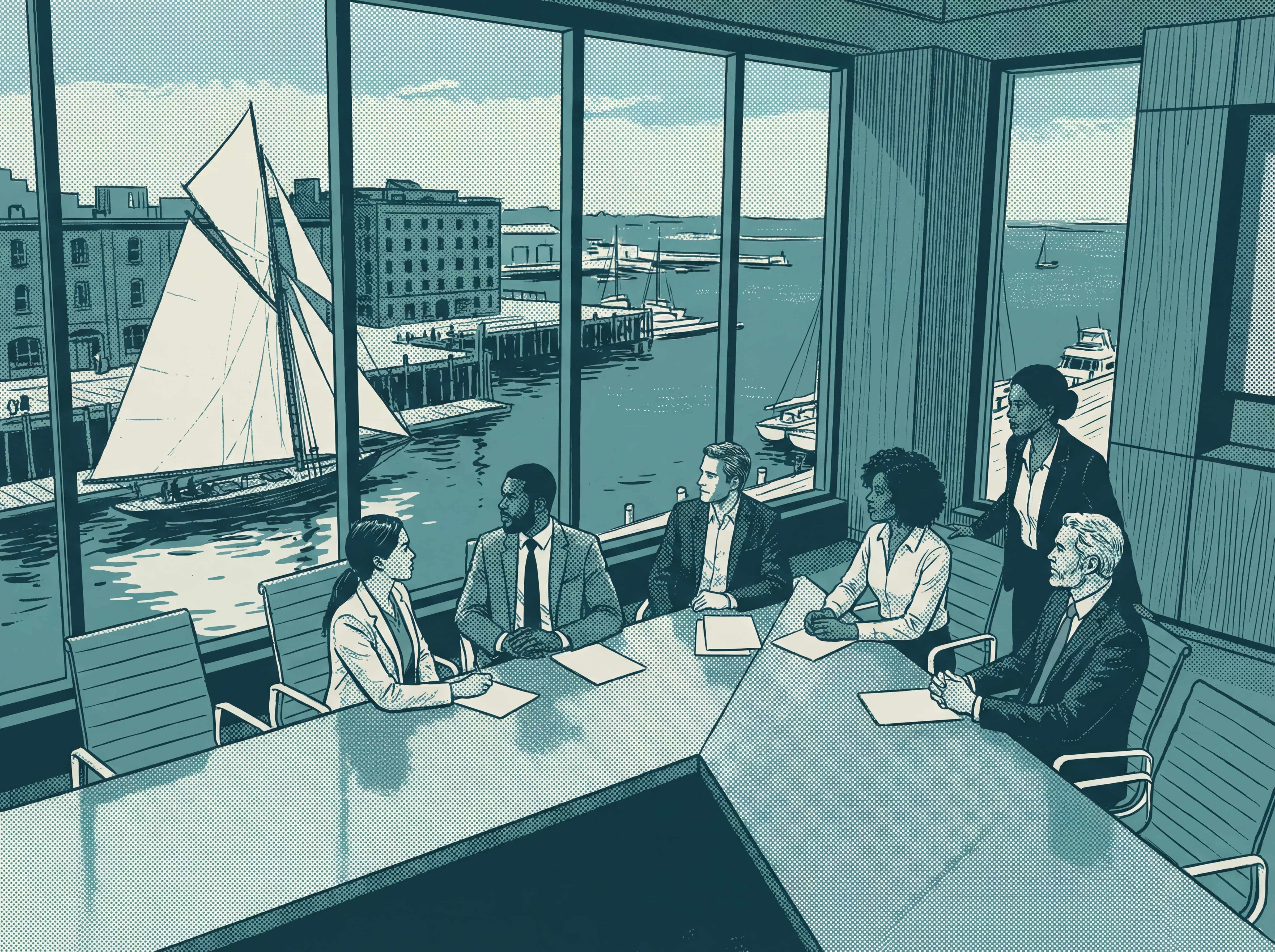 Sustainability consultants meeting with harbor sailboat view